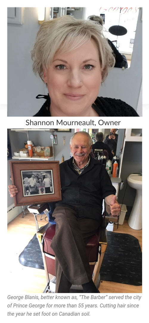 Shannon Mourneault current owner and George Blanis of George's Barbershop in Prince